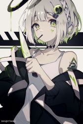 Rule 34 | 1girl, bare shoulders, black jacket, captain yue, closed mouth, facial mark, green eyes, green hair, grey hair, hair ornament, halo, hand up, heart, highres, holding, holding knife, jacket, knife, long sleeves, looking at viewer, mouth hold, multicolored hair, off shoulder, open clothes, open jacket, original, puffy long sleeves, puffy sleeves, solo, tank top, two-tone hair, upper body, white tank top