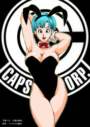 Rule 34 | 1girl, animal ears, aqua hair, armpits, arms behind head, arms up, asymmetrical bangs, bare arms, bare legs, bare shoulders, black background, black leotard, blue eyes, bow, bowtie, breasts, bulma, capsule corp, cleavage, cowboy shot, curvy, detached collar, dragon ball, dragonball z, earrings, fake animal ears, female focus, groin, happy, highres, jewelry, kugayama hodai, large breasts, legs, leotard, lipstick, looking at viewer, makeup, mature female, neck, open mouth, playboy bunny, rabbit ears, red bow, red bowtie, red lips, short hair, simple background, smile, solo, standing, strapless, strapless leotard, stud earrings, thighs, wrist cuffs