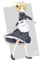 Rule 34 | +++, 1girl, alternate costume, apron, artist name, black dress, blonde hair, blunt bangs, bob (you-u-kai), bob cut, closed mouth, commentary, cutlass (girls und panzer), dress, enmaided, frilled dress, frills, full body, girls und panzer, juliet sleeves, long sleeves, looking at viewer, maid, maid apron, maid headdress, mary janes, medium dress, puffy sleeves, shoes, short hair, signature, smile, socks, solo, spinning, standing, white apron, white socks, yellow eyes