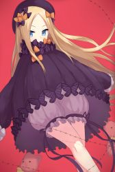 Rule 34 | 1girl, abigail williams (fate), barbed wire, black bow, black dress, black hat, blonde hair, bloomers, blue eyes, bow, bug, butterfly, covered mouth, dress, fate/grand order, fate (series), hands in opposite sleeves, hat, highres, ichijou (kr neru0), insect, long hair, long sleeves, looking at viewer, orange bow, parted bangs, polka dot, polka dot bow, red background, solo, stuffed animal, stuffed toy, teddy bear, underwear, v-shaped eyebrows, very long hair