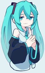 Rule 34 | 1girl, aqua eyes, aqua hair, aqua necktie, bare shoulders, black sleeves, blush, blush stickers, detached sleeves, grey shirt, hair between eyes, hatsune miku, highres, long hair, long sleeves, looking to the side, necktie, own hands together, sacrai, shirt, sidelocks, simple background, solo, twintails, upper body, very long hair, vocaloid, wavy mouth, white background, wide sleeves