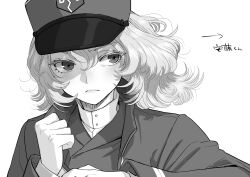 Rule 34 | &gt;:(, 1girl, absurdres, arrow (symbol), bc freedom (emblem), bc freedom military uniform, buttons, clenched hand, closed mouth, commentary request, dress shirt, emblem, frown, girls und panzer, greyscale, hand up, hat, high collar, highres, jacket, katsuoboshi, kepi, long sleeves, looking to the side, medium hair, military hat, monochrome, oshida (girls und panzer), shirt, simple background, solo, translation request, uniform, upper body, v-shaped eyebrows, wavy hair, white background, white shirt
