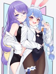 Rule 34 | 2girls, animal ear fluff, animal ears, area 15, black leotard, black pantyhose, blue hair, blue nails, braid, breasts, carrot hair ornament, coat, don-chan (usada pekora), food-themed hair ornament, glasses, hair ornament, highres, hikimayu, hololive, hololive fantasy, hololive indonesia, leotard, long hair, long sleeves, looking at viewer, maru039, midriff, moona hoshinova, multicolored hair, multiple girls, nail polish, open clothes, open coat, open mouth, orange eyes, pantyhose, playboy bunny, purple eyes, purple hair, rabbit ears, rabbit girl, short eyebrows, small breasts, smile, strapless, strapless leotard, swept bangs, thigh strap, twin braids, twintails, two-tone hair, usada pekora, usada pekora (1st costume), v, virtual youtuber, white coat, white hair