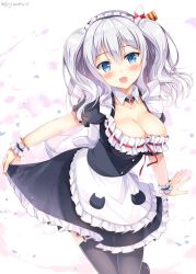 Rule 34 | 10s, 1girl, :d, apron, black thighhighs, blue eyes, blush, breasts, cleavage, detached collar, dress, frilled skirt, frills, garter straps, hair ribbon, heart, heart-shaped pupils, kantai collection, kashima (kancolle), large breasts, looking at viewer, maid, maid apron, open mouth, puffy short sleeves, puffy sleeves, ribbon, short sleeves, sidelocks, silver hair, skirt, skirt hold, smile, solo, sousouman, symbol-shaped pupils, thighhighs, twintails, wavy hair, wrist cuffs, zettai ryouiki