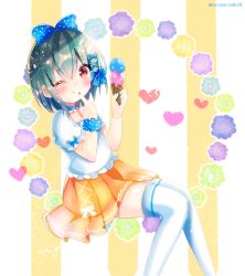 Rule 34 | 1girl, ;q, blue choker, blue nails, blush, choker, closed mouth, commentary request, double scoop, fingernails, flower, food, green flower, green hair, hair between eyes, heart, highres, holding, holding food, ice cream, ice cream cone, kohaku muro, looking at viewer, nail polish, one eye closed, orange skirt, original, pleated skirt, puffy short sleeves, puffy sleeves, purple flower, red eyes, shirt, short sleeves, skirt, smile, solo, striped, striped background, thighhighs, tongue, tongue out, twitter username, vertical stripes, white shirt, white thighhighs, yellow flower