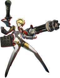 Rule 34 | 1girl, aegis (persona), atlus, blonde hair, blue eyes, crossover, dark persona, fighting stance, full body, gatling gun, gun, highres, huge weapon, joints, megami tensei, missile, necktie, official art, persona, persona 3, persona 4, persona 4: the ultimate in mayonaka arena, robot, robot joints, shadow (persona), shadow aegis, shin megami tensei, narrow waist, soejima shigenori, solo, transparent background, weapon, yellow eyes