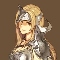 Rule 34 | 1girl, armor, blonde hair, breasts, brown background, brown eyes, cleavage, curly hair, damaged, fire emblem, fire emblem echoes: shadows of valentia, helmet, hidari (left side), jewelry, large breasts, lips, long hair, mathilda (fire emblem), necklace, nintendo, official art, portrait, sidelocks, simple background, smile, solo, wavy hair