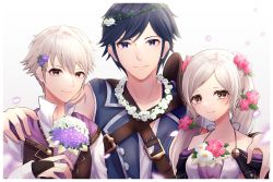 Rule 34 | 1girl, 2boys, alternate costume, blue hair, bouquet, chrom (fire emblem), chrom (valentine) (fire emblem), dual persona, fire emblem, fire emblem awakening, fire emblem heroes, flower, flower necklace, hair flower, hair ornament, hand on another&#039;s shoulder, head wreath, highres, jewelry, looking at viewer, multiple boys, necklace, nintendo, official alternate costume, reia hana, robin (female) (fire emblem), robin (female) (valentine) (fire emblem), robin (fire emblem), robin (male) (fire emblem), robin (male) (valentine) (fire emblem), short hair, silver hair, smile, twintails, upper body