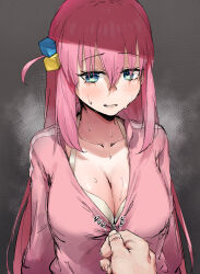 Rule 34 | 1girl, 1other, blush, bocchi the rock!, bra, breasts, cleavage, collarbone, commentary request, cube hair ornament, gotoh hitori, grey background, hair between eyes, hair ornament, highres, jacket, large breasts, looking at viewer, one side up, parted lips, pink hair, pink jacket, pink track suit, pov, standing, sweat, takutaku12364, track jacket, underwear, undressing another, unzipping, white bra, zipper, zipper pull tab