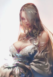 Rule 34 | 1girl, armlet, bare shoulders, breasts, cleavage, cupping hands, detached sleeves, dress, eyelashes, gloves, glowing, grey dress, grey eyes, grey gloves, grey hair, hair over one eye, highres, kaburagi yasutaka, large breasts, long sleeves, looking at viewer, one eye covered, original, own hands together, parted lips, red lips, silver dress, smile, solo, strapless, strapless dress, upper body, wide sleeves