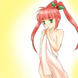 Rule 34 | 1girl, bare shoulders, blush, chelsea torn, green eyes, hair ornament, long hair, lowres, nude, open mouth, pink hair, tales of (series), tales of destiny, towel, twintails
