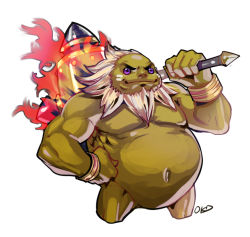 Rule 34 | 1boy, beard, bracelet, colored skin, cropped legs, darunia, eyebrows, facial hair, fire, goron, green skin, hammer, hand on own hip, hyrule warriors, jewelry, male focus, mallet, monster boy, navel, nintendo, okada (hoooojicha), over shoulder, purple eyes, silver hair, solo, the legend of zelda, the legend of zelda: ocarina of time, thick eyebrows, weapon, weapon over shoulder, white background