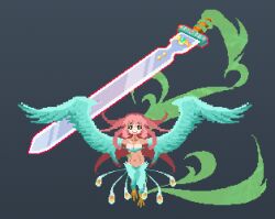 Rule 34 | 1girl, bare shoulders, bird legs, bird tail, black background, breasts, cleavage, commentary request, feathered wings, feathers, green eyes, green feathers, green wings, hair between eyes, harpy, huge weapon, long hair, magic, medium breasts, midriff, monster girl, navel, open mouth, original, pixel art, red hair, sekiyadn, solo, sword, tail, weapon, winged arms, wings