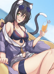 Rule 34 | 1girl, absurdres, animal ear fluff, animal ears, bad id, bad pixiv id, bare shoulders, bikini, black bikini, black hair, blush, breasts, cat ears, cat girl, cat tail, cleavage, collarbone, eyewear on head, green eyes, highres, innertube, innertube with ears, jacket, karyl (princess connect!), karyl (summer) (princess connect!), long hair, long sleeves, looking at viewer, low twintails, medium breasts, multicolored hair, nanakaku, open mouth, princess connect!, purple jacket, shorts, sitting, smile, solo, streaked hair, swim ring, swimsuit, tail, thighs, twintails, white hair, white shorts