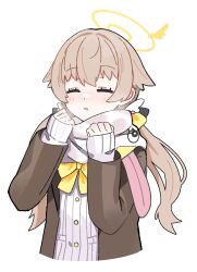 Rule 34 | 1girl, blue archive, blush, bow, bowtie, breath, brown coat, buttons, cardigan, closed eyes, coat, halo, hifumi (blue archive), highres, light brown hair, long hair, low twintails, open clothes, open coat, parted lips, scarf, shiromoca, simple background, sleeves past wrists, solo, twintails, upper body, white background, white cardigan, white scarf, yellow bow, yellow bowtie, yellow halo