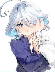 Rule 34 | 1boy, 1girl, ahoge, artist name, blue eyes, blue hair, blue shirt, blush, breasts, cleavage, collarbone, fingernails, furina (genshin impact), genshin impact, hair between eyes, hand on another&#039;s cheek, hand on another&#039;s face, light blue hair, long sleeves, medium breasts, multicolored hair, neuvillette (genshin impact), one eye closed, open mouth, out of frame, partially unbuttoned, pipipitoto sou, shirt, sidelocks, simple background, solo focus, streaked hair, two-tone hair, upper body, white background, white hair, white shirt
