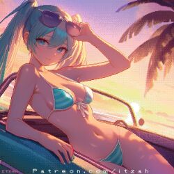 1girl adjusting_eyewear bikini blue_bikini breasts hatsune_miku itzah long_hair looking_at_viewer medium_breasts navel pixel_art smile solo sunglasses sunset swimsuit twintails vocaloid