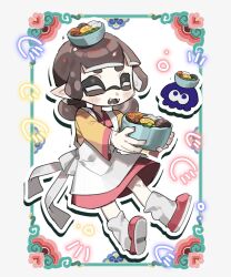 Rule 34 | 1girl, apron, bowl, brown hair, closed eyes, commentary request, fangs, food, highres, inkling, inkling girl, inkling player character, inset border, korean commentary, nintendo, open mouth, short eyebrows, short hair, simple background, sodamika, solo, splatoon (series), splatoon 3, tentacle hair, thick eyebrows, white apron, white background
