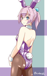 Rule 34 | 1girl, akai akasaki, alternate costume, animal ears, ass, back, bare shoulders, blue eyes, blush, bow, bowtie, breasts, detached collar, fake animal ears, hair between eyes, kantai collection, leotard, looking at viewer, looking back, pantyhose, pink hair, playboy bunny, ponytail, purple leotard, rabbit ears, rabbit tail, shiranui (kancolle), short ponytail, small breasts, smile, solo, strapless, strapless leotard, tail, twitter username, wrist cuffs