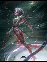 Rule 34 | 1girl, absurdres, afloat, breasts, cable, cyberpunk, cyborg, exposed muscle, eyelashes, from side, ghost in the shell, heads-up display, highres, holographic interface, image sample, jeremy chong, joints, kusanagi motoko, lips, logo, mechanical parts, muscular, muscular female, purple hair, realistic, robot joints, science fiction, short hair, solo, spoilers