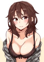 Rule 34 | 1girl, bare shoulders, blush, bra, breasts, brown bra, brown eyes, brown hair, cleavage, closed mouth, collarbone, commentary request, grey jacket, hair between eyes, head tilt, high school fleet, highres, jacket, kapatarou, kuroki hiromi, lace, lace-trimmed bra, lace trim, long hair, looking at viewer, medium breasts, off shoulder, open clothes, solo, striped bra, striped clothes, underwear, upper body, vertical-striped bra, vertical-striped clothes