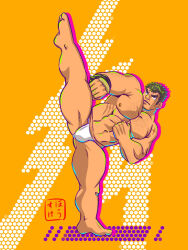 Rule 34 | 1boy, abs, arm hair, bara, brown hair, bulge, facial hair, frown, full body, gluteal fold, goatee, goatee stubble, hairy, housuke67, kicking, large pectorals, leg up, looking ahead, male focus, muscular, muscular male, navel, nipples, pectorals, solo, sparse chest hair, split, standing, standing on one leg, standing split, strongman waist, stubble, takabushi kengo, thick eyebrows, thick thighs, thighs, tokyo houkago summoners, topless male