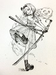 Rule 34 | 1girl, asymmetrical legwear, bow, full body, greyscale, hair bow, highres, holding, holding sword, holding weapon, konpaku youmu, konpaku youmu (ghost), loafers, looking to the side, mashimashi, monochrome, open mouth, pleated skirt, scabbard, sheath, shoes, short hair, short sleeves, single sock, single thighhigh, skirt, socks, solo, standing, standing on one leg, sword, thighhighs, touhou, traditional media, two-handed, uneven legwear, unsheathed, weapon