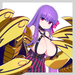 Rule 34 | 1girl, bare shoulders, belt buckle, breasts, buckle, chan co, claws, cleavage, collar, fate/grand order, fate (series), hair ribbon, huge breasts, long hair, looking at viewer, o-ring, out of frame, outside border, parted lips, passionlip (fate), pink eyes, pink ribbon, prosthesis, prosthetic arm, purple hair, ribbon, simple background, solo, striped, tareme, tearing up, tears, upper body, vertical stripes, very long hair, white background