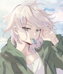 Rule 34 | 1boy, coat, commentary request, danganronpa (series), danganronpa 2: goodbye despair, day, food, green coat, green eyes, grey hair, hair between eyes, hand in own hair, highres, hood, hood down, hooded coat, komaeda nagito, long sleeves, looking at viewer, male focus, messy hair, mouth hold, outdoors, popsicle, shirt, sky, solo, sweat, white shirt, yue (shemika98425261)