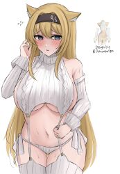 Rule 34 | 1girl, animal ear fluff, animal ears, arknights, bare shoulders, black hairband, blonde hair, blush, breasts, cowboy shot, embarrassed, grey sweater, hairband, highres, horn (arknights), horns, large breasts, long hair, meme attire, namikare, navel, parted lips, ribbed sweater, sideboob, simple background, solo, stomach, sweat, sweater, thighhighs, turtleneck, turtleneck sweater, underboob, very long hair, virgin destroyer sweater, white background, wolf ears