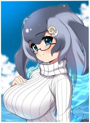 Rule 34 | 1girl, anchor hair ornament, aqua hair, blowhole, blue eyes, blue hair, blue whale (kemono friends), blush, cloud, commentary request, day, glasses, grey hair, hair ornament, hand on breast, highres, kemono friends, kemono friends 3, long hair, looking at viewer, multicolored hair, ransusan, sky, smile, solo, sweater, turtleneck, turtleneck sweater, upper body, white sweater