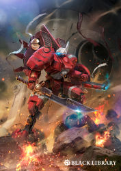 Rule 34 | arm cannon, blue eyes, commentary, cover, cover image, cover page, english commentary, fire, glowing, glowing eye, highres, holding, holding sword, holding weapon, looking to the side, mar-c!, mecha, mecha request, no humans, novel cover, official art, one-eyed, robot, science fiction, solo, sword, t&#039;au, warhammer 40k, weapon