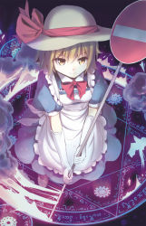 Rule 34 | 1girl, apron, blonde hair, blue dress, bow, culter, dress, elbow gloves, gloves, hat, hat ribbon, kana anaberal, magic circle, maid, maid apron, puffy sleeves, ribbon, road sign, short sleeves, sign, smile, solo, touhou, touhou (pc-98), waist apron, white gloves, yellow eyes