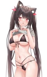 Rule 34 | 1girl, :o, ahoge, animal ear fluff, animal ears, bikini, black bikini, black hair, breasts, cleavage, clothes lift, commentary request, fang, front-tie bikini top, front-tie top, grey shirt, groin, hair between eyes, hair ribbon, highres, large breasts, lifted by self, long hair, looking at viewer, multi-strapped bikini, navel, o-ring, o-ring bikini, o-ring bottom, o-ring top, original, parted lips, red eyes, red ribbon, ribbon, saeki sora, shirt, shirt lift, simple background, solo, swimsuit, twintails, very long hair, white background