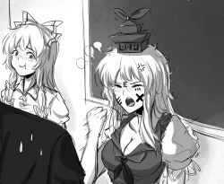 Rule 34 | 1boy, 2girls, anger vein, bow, breasts, chalkboard, cleavage, clenched hand, collarbone, crying, closed eyes, fujiwara no mokou, greyscale, hair bow, hat, highres, kamishirasawa keine, koissa, long hair, looking at another, monochrome, multiple girls, open mouth, puffy short sleeves, puffy sleeves, short sleeves, tears, touhou