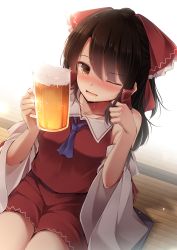 Rule 34 | 1girl, alcohol, beer, beer mug, blush, bow, brown eyes, brown hair, cup, detached sleeves, drunk, hair bow, hair tubes, hakurei reimu, highres, long hair, looking to the side, mug, one eye closed, open mouth, red bow, saliva, sitting, solo, touhou, toyosaki shu