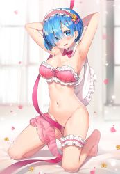 Rule 34 | 1girl, :d, armpits, arms up, ayamy, bandeau, bare arms, bare shoulders, barefoot, bed sheet, blue hair, blush, bottomless, bow, bowtie, bra, breasts, bridal garter, cleavage, curtains, day, detached collar, eyes visible through hair, flower, frilled bra, frilled hairband, frills, full body, hair between eyes, hair flower, hair ornament, hair over one eye, hairband, hairclip, head tilt, highres, indoors, kneeling, lolita hairband, looking at viewer, medium breasts, navel, no panties, open mouth, petals, pink bow, pink bowtie, pink bra, pink hairband, re:zero kara hajimeru isekai seikatsu, rem (re:zero), ribbon, shadow, short hair, skirt, skirt around one leg, smile, solo, stomach, strapless, strapless bra, thighs, underwear, window, x hair ornament