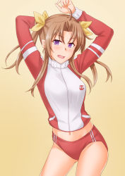 Rule 34 | 1girl, ahoge, alternate costume, anchor symbol, anti (untea9), arms up, brown hair, buruma, commentary request, cowboy shot, gradient background, gym uniform, hair ribbon, highres, jacket, kagerou (kancolle), kantai collection, long hair, looking at viewer, multicolored clothes, multicolored jacket, navel, orange background, purple eyes, red buruma, ribbon, solo, track jacket, twintails, two-tone jacket, yellow ribbon