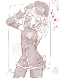 Rule 34 | 1girl, bare shoulders, blood, blood splatter, buttons, chain, commentary, contrapposto, cowboy shot, elbow gloves, finger gun, finger gun to head, gears, gloves, grin, hair ornament, hairclip, hand on own hip, hand up, hat, head tilt, kagamine rin, looking at viewer, military hat, open mouth, ringed eyes, sadistic music factory (vocaloid), shoulder tattoo, sketch, smile, swept bangs, tattoo, thighhighs, uniform, vocaloid, vorusan (volver39), wristband