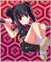 Rule 34 | 1girl, black hair, black kimono, border, clog sandals, double bun, floral print, full body, hair bun, hair ornament, hairclip, holding, holding sword, holding weapon, japanese clothes, katana, kimono, kooh, looking at viewer, okobo, otoutogimi, outline, over shoulder, pangya, red background, red eyes, red scarf, sandals, scarf, short kimono, short sleeves, sidelocks, smile, solo, sword, sword over shoulder, tabi, weapon, weapon over shoulder, white legwear