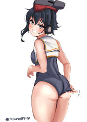 Rule 34 | 1girl, absurdres, adjusting clothes, adjusting swimsuit, ass, asymmetrical hair, black hair, black one-piece swimsuit, breasts, brown eyes, cowboy shot, crop top, framed breasts, from behind, grin, hair between eyes, hat, headphones, highres, i-14 (kancolle), kantai collection, one-hour drawing challenge, one-piece swimsuit, sailor collar, sakura ab, school swimsuit, short hair, small breasts, smile, solo, standing, swimsuit, swimsuit under clothes, twitter username, wedgie, white sailor collar