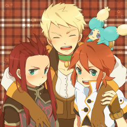 Rule 34 | 00s, 3boys, asch (tales), bad id, bad pixiv id, blonde hair, choker, closed eyes, fingerless gloves, gloves, green eyes, guy cecil, inamura (yanahiyabao), long hair, luke fon fabre, male focus, mieu (tales), multiple boys, open mouth, red hair, star (symbol), tales of (series), tales of the abyss