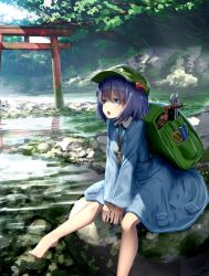 Rule 34 | 1girl, backpack, bag, barefoot, blue dress, blue eyes, blue hair, day, dress, green hat, hair between eyes, hair bobbles, hair ornament, hat, highres, kawashiro nitori, key, on rock, open mouth, outdoors, pliers, reflection, rock, ryosios, sitting, sitting on rock, solo, tools, torii, touhou, tree, v arms, water, wrench