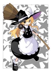 Rule 34 | 1girl, apron, asameshi, back bow, black footwear, black hat, black skirt, black vest, blonde hair, bow, braid, broom, commentary, full body, hair bow, hat, hat bow, holding, holding broom, kirisame marisa, long hair, mini-hakkero, open mouth, outstretched arm, ringed eyes, shirt, shoes, short sleeves, single braid, skirt, smile, solo, standing, star (symbol), starry background, touhou, turtleneck, two-sided fabric, two-sided headwear, vest, waist apron, white bow, white legwear, white shirt, witch hat, yellow eyes, yin yang