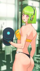 Rule 34 | 1girl, animal ear headphones, animal ears, animated, ass, blush, cat ear headphones, dc (makezzal), dumbbell, exercising, fake animal ears, from behind, green hair, grin, gym, headphones, last origin, mighty r, muscular, red eyes, short hair, smile, solo, sports bikini, sportswear, strong, toned, ugoira, weightlifting, weights