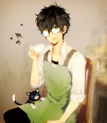 Rule 34 | 10s, 1boy, amamiya ren, apron, black hair, blue eyes, brown eyes, cat, chair, collarbone, collared shirt, cup, gameplay mechanics, glasses, green apron, hair between eyes, hand up, head tilt, highres, holding, holding cup, long sleeves, male focus, messy hair, morgana (persona 5), mozuyun, musical note, pants, parted lips, persona, persona 5, shirt, short hair, sitting, sleeves rolled up, smile, upper body, white shirt, wing collar