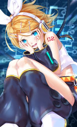 Rule 34 | 1girl, arm tattoo, bare shoulders, belt, blonde hair, blouse, blue eyes, blush, bow, commentary, covering face, crop top, crying, detached sleeves, feet out of frame, hachinatsu, hair bow, hair ornament, hairclip, headphones, highres, kagamine rin, knees up, leg warmers, number tattoo, shirt, short hair, shorts, shoulder tattoo, sitting, sleeveless, sleeveless shirt, solo, tattoo, tears, vocaloid, white bow