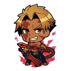Rule 34 | 1boy, beowulf (fate), blonde hair, chibi, cup, facial hair, fate/grand order, fate (series), full body, goatee, lowres, male focus, manly, muscular, pectorals, red eyes, scar, solo, tattoo, topless male, yamanome