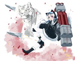 Rule 34 | 1girl, 2022, absurdres, animal ears, anti-ship missile, azur lane, chang chun (azur lane), coat, dated, destroyer, fur-trimmed coat, fur trim, goggles, grey hair, happy new year, high heels, highres, knee pads, leggings, long hair, military vehicle, new year, red eyes, rocket launcher, ship, signature, tiger, tiger ears, tiger girl, warship, watercraft, weapon, white hair, white leggings, wpfxy, zipper