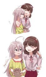 Rule 34 | 2girls, ^ ^, ^o^, absurdres, adjusting another&#039;s clothes, afterimage, ahoge, alt text, blush, braid, brown hair, closed eyes, collarbone, comic, commentary request, flat chest, grey hair, highres, hoshi syoko, huge ahoge, idolmaster, idolmaster cinderella girls, long hair, looking at another, loose clothes, loose shirt, medium hair, multiple girls, neck ribbon, ribbon, sakuma mayu, shirt, shirt slip, silent comic, simple background, single braid, smile, takesoboro, very long hair, white background